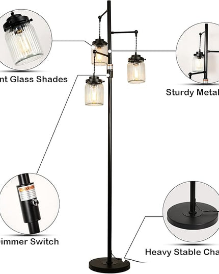 Industrial Farmhouse Rustic Lamp with 3 Glass Shades, Tall Standing Lamps with Dimmable Switch, Sturdy Base, Black Floor Lamps for Living Room Bedroom Office Home - LeafyLoom