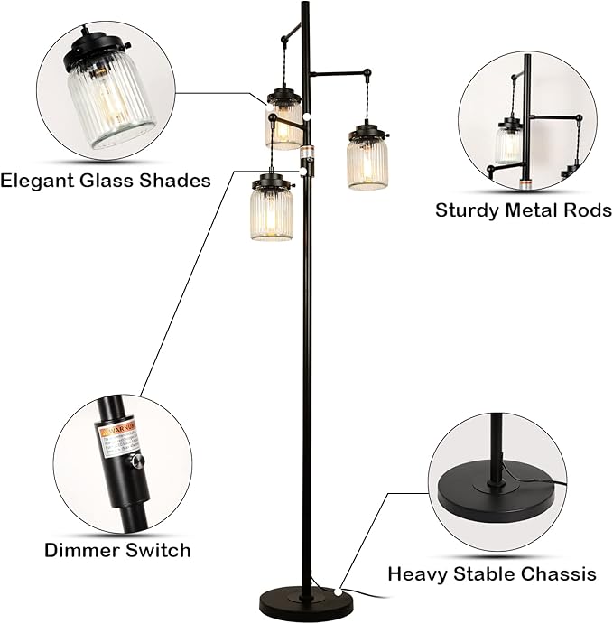 Industrial Farmhouse Rustic Lamp with 3 Glass Shades, Tall Standing Lamps with Dimmable Switch, Sturdy Base, Black Floor Lamps for Living Room Bedroom Office Home - LeafyLoom