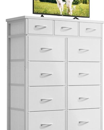 AODK Dresser with Charging Station, 52 Inches Tall Dresser for Bedroom with 11 Storage Drawers, Large Fabric Dressers for Living Room, Hallway, White - LeafyLoom