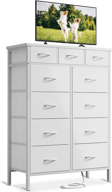 AODK Dresser with Charging Station, 52 Inches Tall Dresser for Bedroom with 11 Storage Drawers, Large Fabric Dressers for Living Room, Hallway, White - LeafyLoom