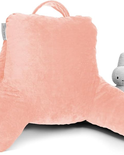 Clara Clark Reading Pillow for Kids, Small Back Pillow for Sitting Up in Bed, Memory Foam Back Support Pillow, Reading Pillows for Sitting in Bed, Peach Gaming Pillow for Bed with Arms and Pockets - LeafyLoom