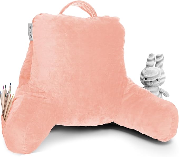 Clara Clark Reading Pillow for Kids, Small Back Pillow for Sitting Up in Bed, Memory Foam Back Support Pillow, Reading Pillows for Sitting in Bed, Peach Gaming Pillow for Bed with Arms and Pockets - LeafyLoom