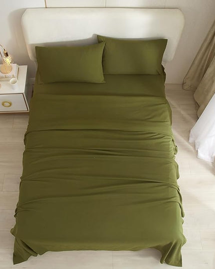 Olive Green Twin Sheets Set 3 Piece Cooling Bed Sheets,Hotel Luxury Fitted Sheet Set for Twin Size Bed,Super Soft Sheet Deep Pocket 16 Inch,Wrinkle & Shrink Resistant,Twin Sheets,Green Bed Sheets - LeafyLoom