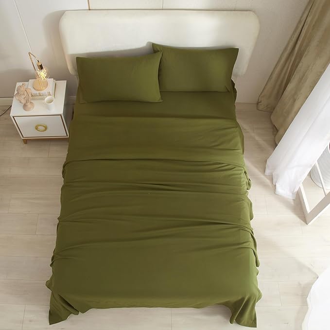 Olive Green Sheets King 4 Piece Bed Sheets,16 Inch Deep Pocket,Luxury Soft King Sheet & Pillowcase Set,Easy Fit Fitted Sheets King,Wrinkle & Shrink Resistant Cooling Sheets for King Size Bed - LeafyLoom
