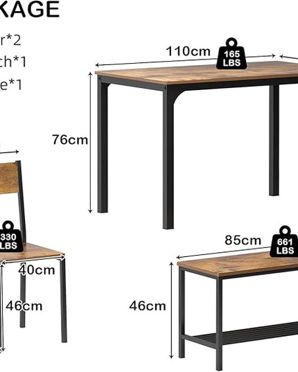 SogesHome 4-Piece Dining Table Set for 4 - Space-Saving Kitchen Set with Bench and Chairs, Ideal for Restaurants and Coffee Shops, Vintage Brown - LeafyLoom