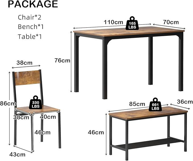 SogesHome 4-Piece Dining Table Set for 4 - Space-Saving Kitchen Set with Bench and Chairs, Ideal for Restaurants and Coffee Shops, Vintage Brown - LeafyLoom