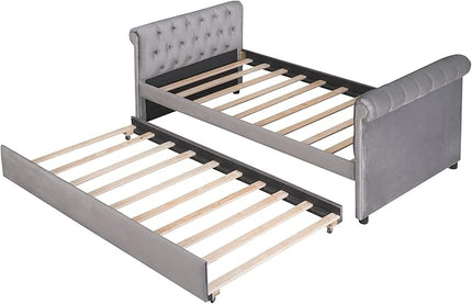 Twin Size Daybed with Trundle,Upholstered Sofa Bed W/Button & Nailhead Tufted Design Curved Armrests,Wood Slats Support,Bedframe for Bedroom Livingroom Small Space,No Box Spring Needed,Gray - LeafyLoom