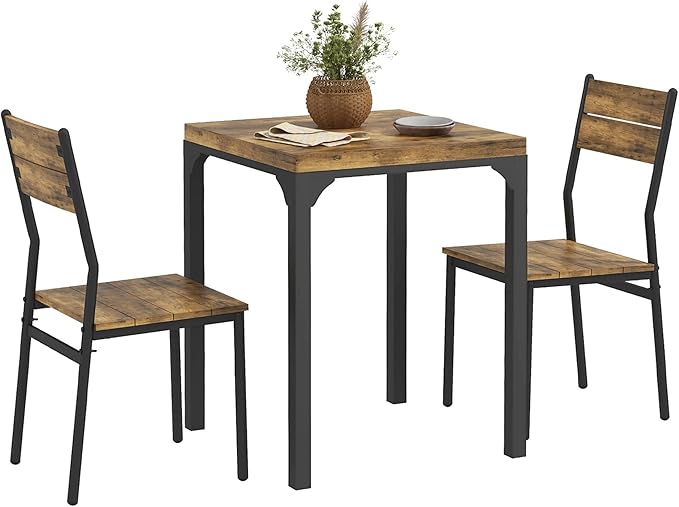 HOMCOM 3 Piece Dining Table Set for 2, Modern Kitchen Table and Chairs, Dining Room Set for Breakfast Nook, Small Space, Apartment, Space Saving, Rustic Brown - LeafyLoom
