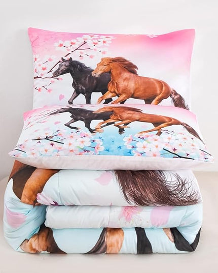 Feelyou Girls Horse Bedding Set Twin Size Galloping Horses Comforter Set for Kids Teens Cherry Blossom Comforter 3D Wild Animal Duvet Set Farmhouse Bedroom Decor Quilt Set 2Pcs - LeafyLoom