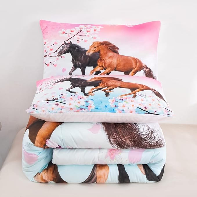 Feelyou Kids Horse Bedding Set for Girls Queen Size Chic Cherry Blossom Comforter Set for Horse Lover Gift Galloping Horse Printed Comforter 3D Wild Animal Duvet Set Bedroom Decor Quilt Set 3Pcs - LeafyLoom