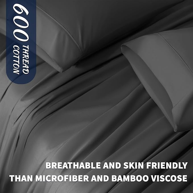 Shilucheng 100% Cotton Sheets Set - 600 Thread Count，Luxury Egyptian Cotton Bed Sheets，5-Star Hotel Quality Sheets, Breathable & Cooling, 16 Inch Deep Pocket - 4 Piece (Black, California King) - LeafyLoom
