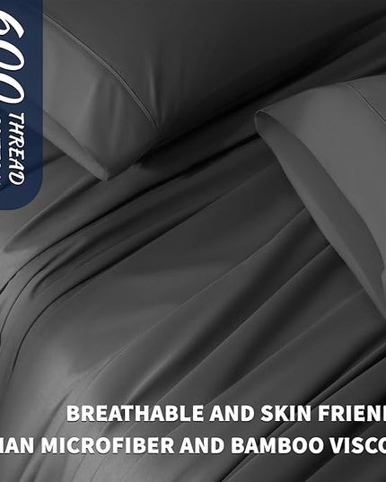 Shilucheng 100% Cotton Sheets Set - 600 Thread Count，Luxury Egyptian Cotton Bed Sheets，5-Star Hotel Quality Sheets, Breathable & Cooling, 16 Inch Deep Pocket - 4 Piece (Black, Full) - LeafyLoom