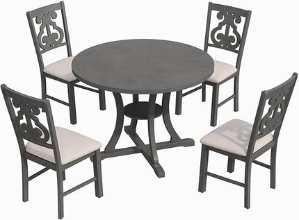 5-Piece Dinette Sets includes Round Kitchen Dining Table & 4 Fabric Chairs with Special-shaped Legs and Storage Shelf, for Diningroom Living Room, Easy to Assemble, Gray 3 - LeafyLoom