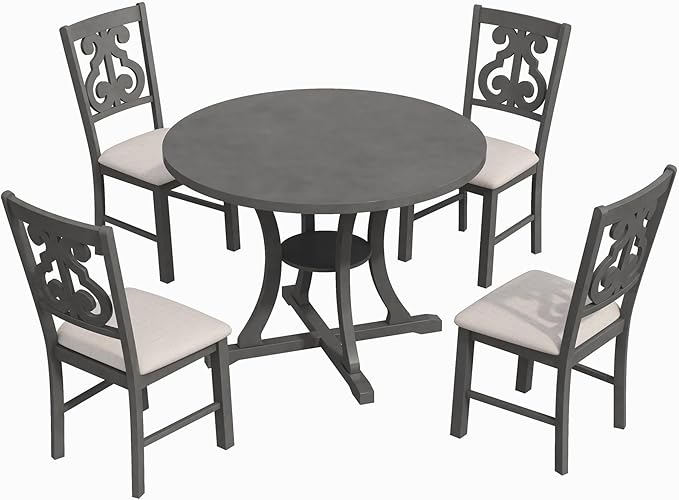 5-Piece Dinette Sets includes Round Kitchen Dining Table & 4 Fabric Chairs with Special-shaped Legs and Storage Shelf, for Diningroom Living Room, Easy to Assemble, Gray 3 - LeafyLoom