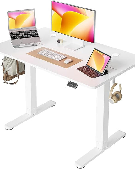 Cubiker 40 x 24 Inch Standing Desk, Stand up Height Adjustable Home Office Electric Table, Sit Stand Desk with Splice Board, White Frame & White Desktop - LeafyLoom