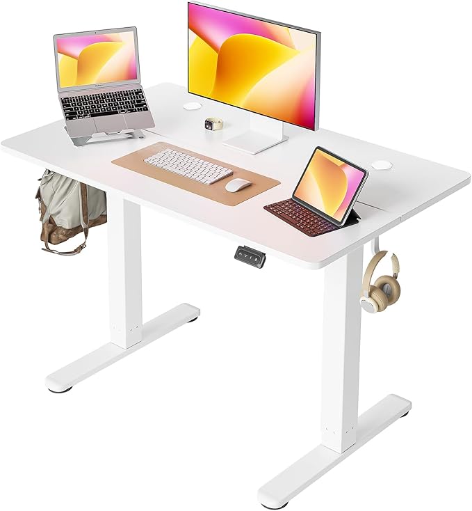Cubiker 40 x 24 Inch Standing Desk, Stand up Height Adjustable Home Office Electric Table, Sit Stand Desk with Splice Board, White Frame & White Desktop - LeafyLoom