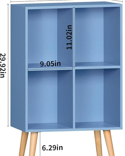 YAHARBO 4 Cube Bookshelf, Blue Small Kids Book Shelf with Cubby Storage,Wooden Modern Bookcase with Legs,2 Tier Freestanding Display Book Case Organizer,Bookshelves for Office,Nursery,Playroom - LeafyLoom