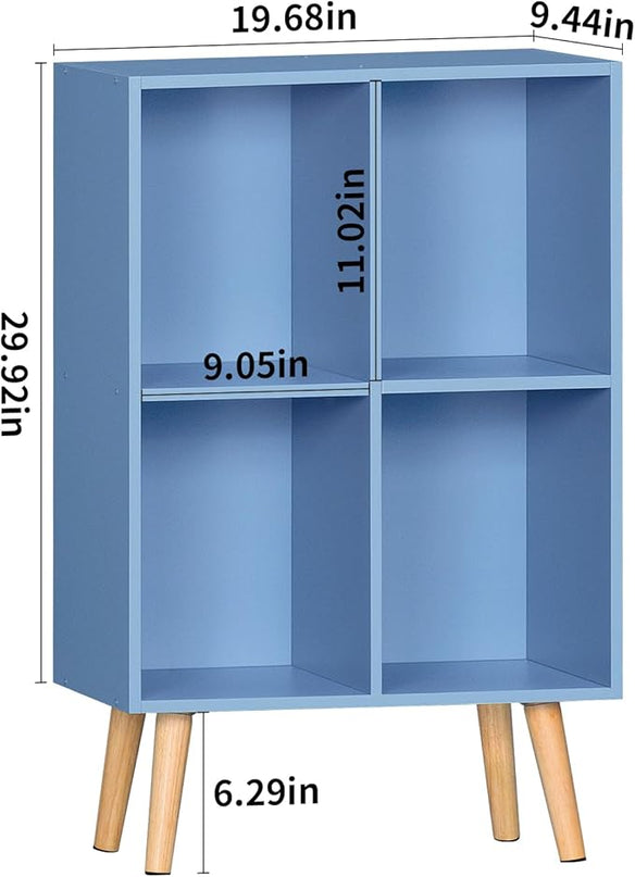YAHARBO 4 Cube Bookshelf, Blue Small Kids Book Shelf with Cubby Storage,Wooden Modern Bookcase with Legs,2 Tier Freestanding Display Book Case Organizer,Bookshelves for Office,Nursery,Playroom - LeafyLoom
