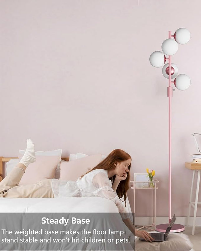 Lightdot Dimmable (Brightness Adjustable) Globe Floor Lamp, Pink Pole Standing Lamps with 5PCS 3000K G9 Bulbs, Mid Century Modern Floor Lamp for Living Room - LeafyLoom