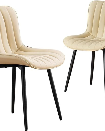 YOUNUOKE Beige Dining Chairs Set of 2 Upholstered Mid Century Kitchen Chairs Armless Faux Leather Modern Side Chair with Padded Backs Metal Legs for Living Room Bedrooms - LeafyLoom