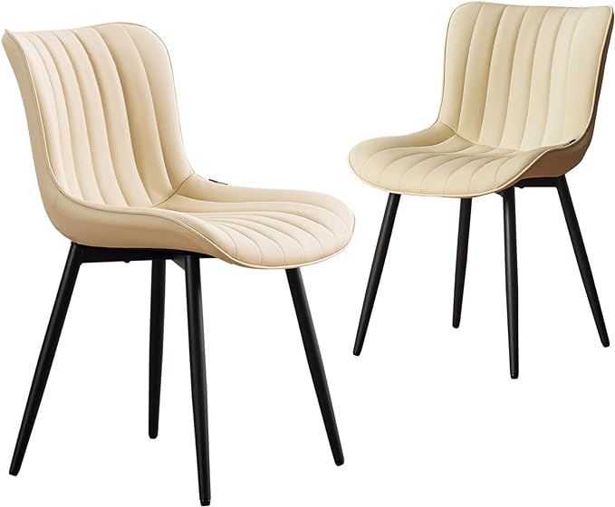 YOUNUOKE Beige Dining Chairs Set of 2 Upholstered Mid Century Kitchen Chairs Armless Faux Leather Modern Side Chair with Padded Backs Metal Legs for Living Room Bedrooms - LeafyLoom