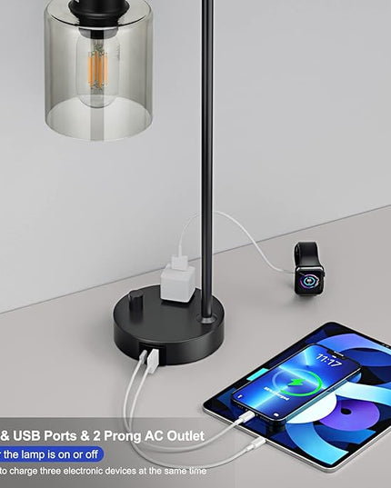 Industrial Bedside Desk Lamps for Bedroom - Grey Smoked Glass Shade Table Lamp with USB C Port, Fully Dimmable Small Lamps with USB Port and Outlet, Reading Nightstand Lamps for Office Living Room - LeafyLoom