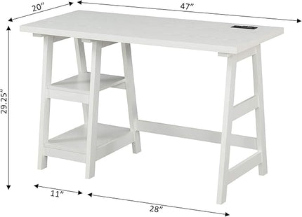 Convenience Concepts Designs2Go Trestle Desk with Charging Station and Shelves, White - LeafyLoom