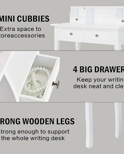 DMAITH Writing Desk with Hutch, 32 Inch Home Office Desk with Drawers, Study Table Computer Desk for Student, Makeup Dressing Table for Bedroom - LeafyLoom