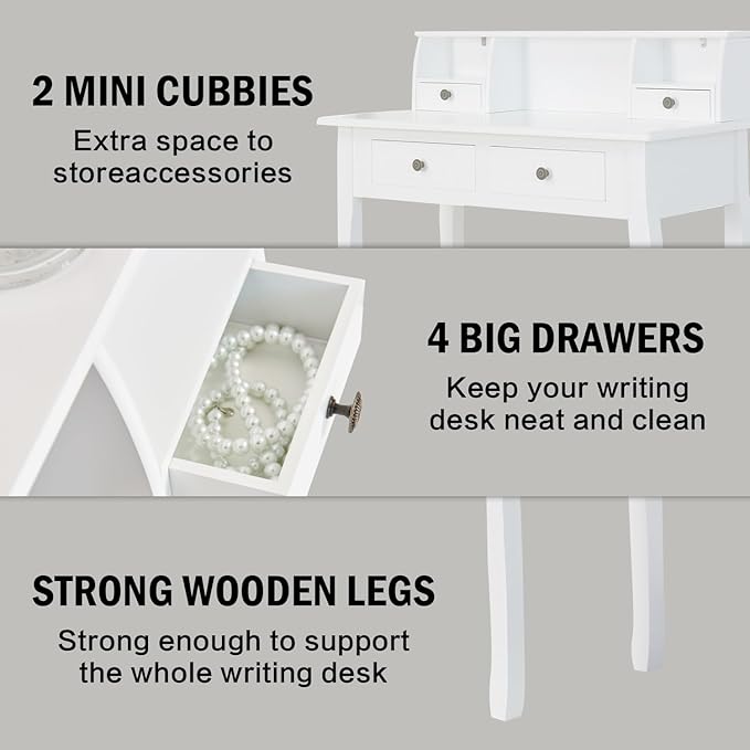 DMAITH Writing Desk with Hutch, 32 Inch Home Office Desk with Drawers, Study Table Computer Desk for Student, Makeup Dressing Table for Bedroom - LeafyLoom