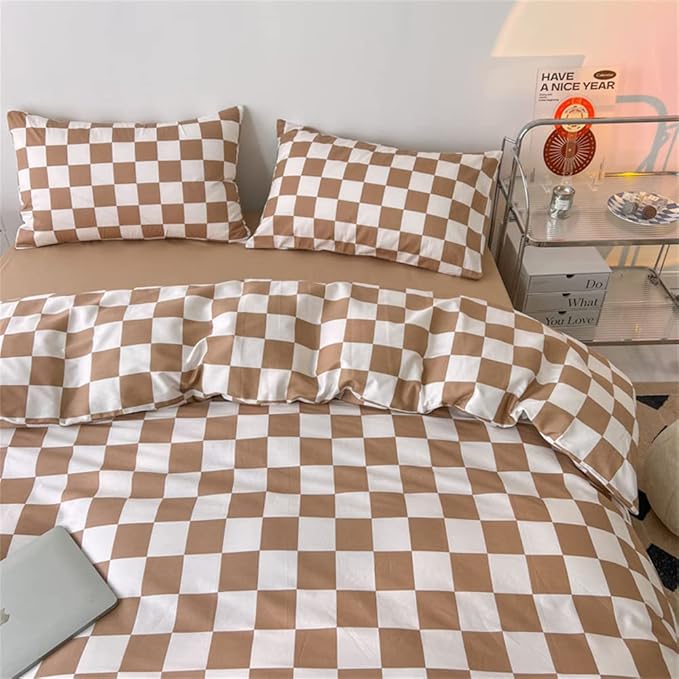 Wellboo Light Brown Plaid Comforter Sets Twin Women Men Cream Coffee and White Checkerboard Grid Bedding Comforters Cotton Boys Girls Modern Light Taupe Checkered Geometric Quilts Luxury Abstract Bed - LeafyLoom