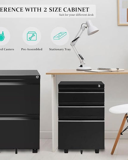3-Drawer Mobile File Cabinets Rolling Metal Filing Cabinet for Legal & Letter File Anti-tilt Design with Lock Under Desk Office Drawers Fully Assembled Except Casters Black - LeafyLoom