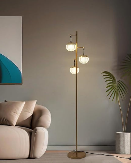 Modern 3 Globe Gold Floor Lamps for Living Room with Acrylic Crystal Sphere Shade and 3000K LED Bulbs, Contemporary Mid Century Standing Lamp, Farmhouse Retro for Bedroom Office - LeafyLoom