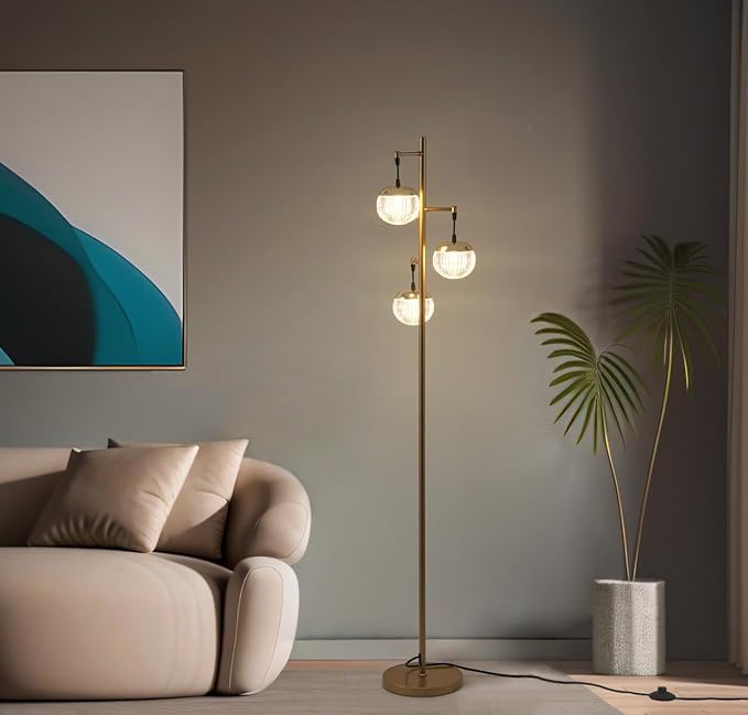 Modern 3 Globe Gold Floor Lamps for Living Room with Acrylic Crystal Sphere Shade and 3000K LED Bulbs, Contemporary Mid Century Standing Lamp, Farmhouse Retro for Bedroom Office - LeafyLoom