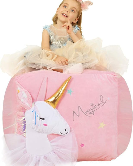 Pink Unicorn Bean Bag Chair for Girls Room Decorations, Toy Storage Beanbag Chairs, Velvet Fabric Super Soft, Extra Large Size Cover Only - LeafyLoom