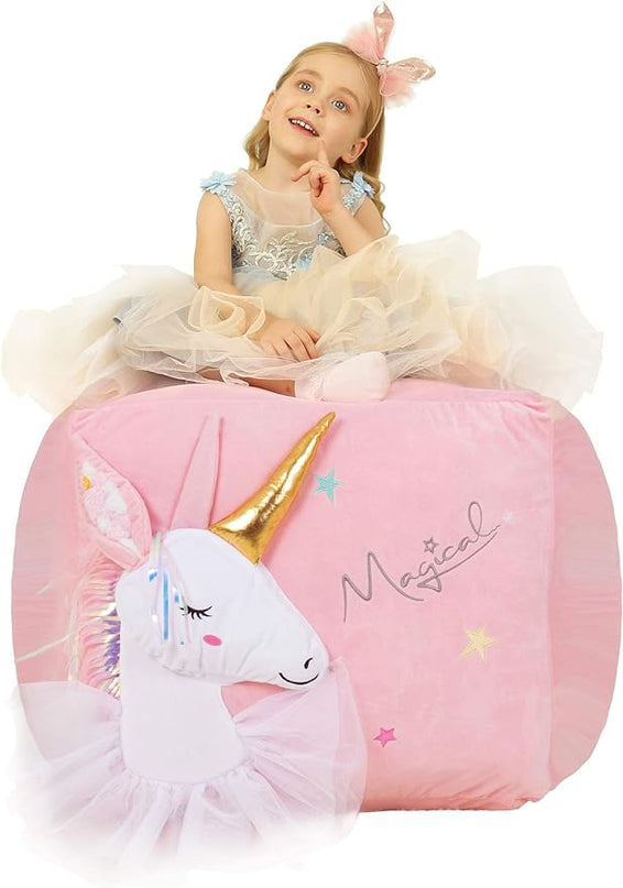 Pink Unicorn Bean Bag Chair for Girls Room Decorations, Toy Storage Beanbag Chairs, Velvet Fabric Super Soft, Extra Large Size Cover Only - LeafyLoom
