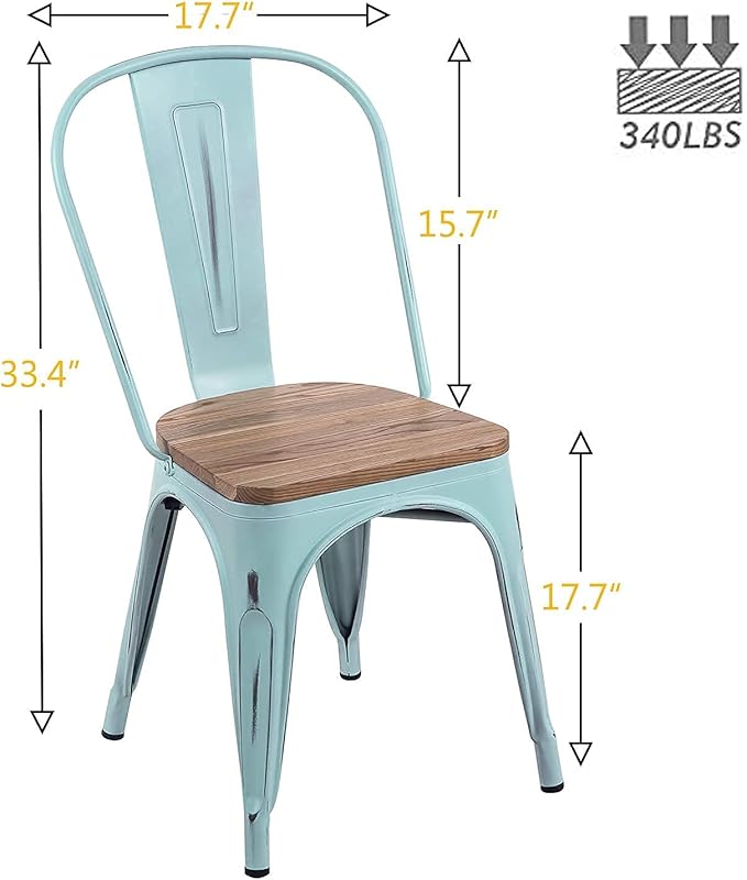 YOUNIKE Metal Chairs with Wooden Seat Modern Industrial Distressed Indoor Outdoor Metal Kitchen Dining Room Chairs Set of 4 (Dream Blue)… - LeafyLoom