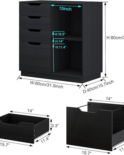 4 Drawers Lateral File Cabinet, Wood Filing Cabinet, Printer Stand with Open Storage Shelves for Home Office, 6 Compartments, Black - LeafyLoom
