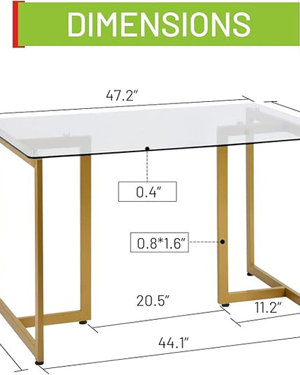 FurnitureR Tempered Glass Dining 47.2 inches Dinner Table for 4-6 Persons Modern Rectangular Spacious Tabletop & Gold Legs Elegant for Home Kitchen Living Room Restaurant, 47 Inches - LeafyLoom
