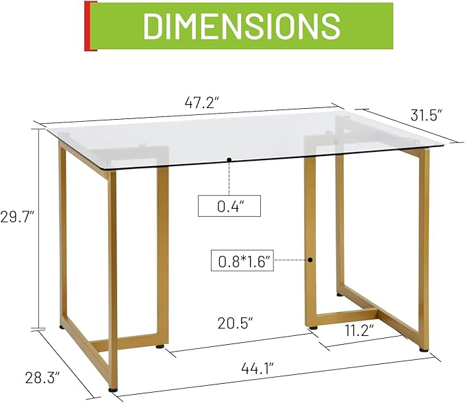 FurnitureR Tempered Glass Dining 47.2 inches Dinner Table for 4-6 Persons Modern Rectangular Spacious Tabletop & Gold Legs Elegant for Home Kitchen Living Room Restaurant, 47 Inches - LeafyLoom