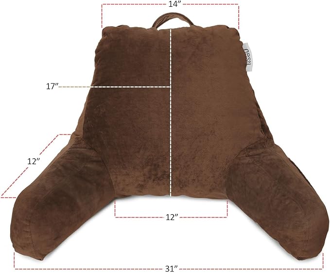 Nestl Reading Pillow with Portable Laptop Lap Desk, Velvet Feel Back Pillow for Sitting in Bed, Shredded Memory Foam Back Support Pillow for Bed, Bed Rest Pillow with Arms, Standard - Brown - LeafyLoom