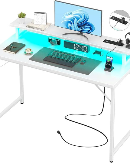 Computer Desk with USB Power Outlets and LED Lights, 47 inch Gaming desk with Monitor Stand for Small Space Home Office, Modern Simple Study Writing Table PC Desks, White - LeafyLoom