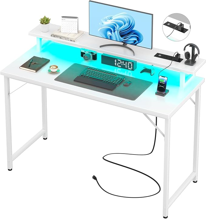 Computer Desk with USB Power Outlets and LED Lights, 47 inch Gaming desk with Monitor Stand for Small Space Home Office, Modern Simple Study Writing Table PC Desks, White - LeafyLoom