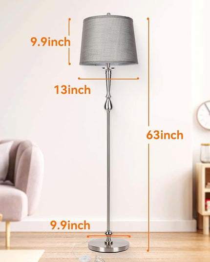 Dott Arts Tall Floor Lamp for Living Room Bedroom, 3 Color Temperature Standing Lamp with Grey Linen Shade, Modern Floor Lamp with 9W LED Bulb, Elegant Nickel Finish Reading Floor Lamps, Foot Switch - LeafyLoom