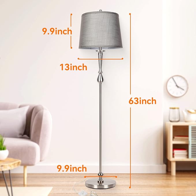 Dott Arts Tall Floor Lamp for Living Room Bedroom, 3 Color Temperature Standing Lamp with Grey Linen Shade, Modern Floor Lamp with 9W LED Bulb, Elegant Nickel Finish Reading Floor Lamps, Foot Switch - LeafyLoom