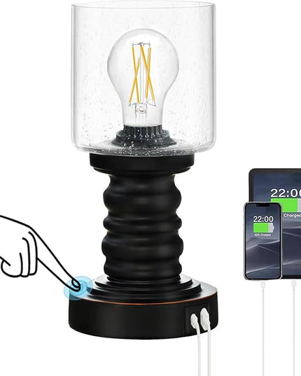 Industrial Table Lamp with Seeded Glass Shade, Small Table Lamp for Small Spaces, Touch Lamp with USB C and A Ports, Black Vintage Desk Lamp for Living Room, Bedroom, Den - LeafyLoom