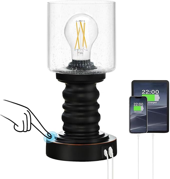 Industrial Table Lamp with Seeded Glass Shade, Small Table Lamp for Small Spaces, Touch Lamp with USB C and A Ports, Black Vintage Desk Lamp for Living Room, Bedroom, Den - LeafyLoom