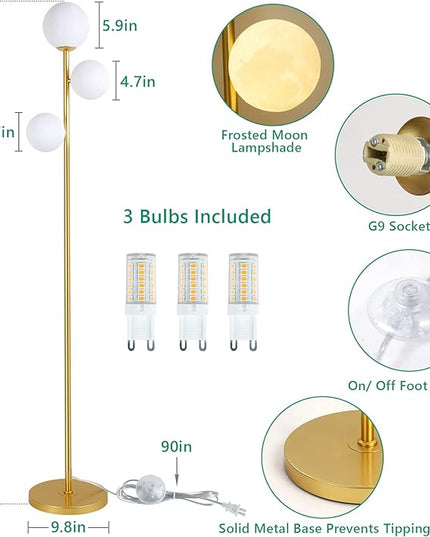 3 Globe Moon Floor Lamp for Living Room, Modern Gold Floor Lamp with 3D Printing Frosted Shade and LED Bulb, Mid Century Standing Lamp, 67" Metal Tall Pole Lamp for Bedroom Girls Room, Dresser, Office - LeafyLoom