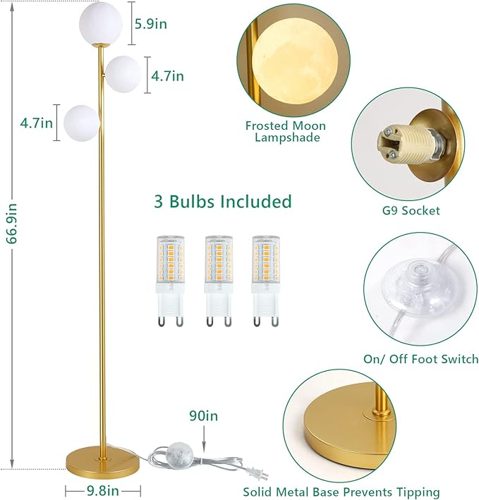 3 Globe Moon Floor Lamp for Living Room, Modern Gold Floor Lamp with 3D Printing Frosted Shade and LED Bulb, Mid Century Standing Lamp, 67" Metal Tall Pole Lamp for Bedroom Girls Room, Dresser, Office - LeafyLoom