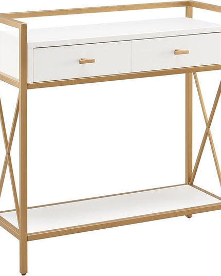 Leick Home 9231-WTGL Claudette Mixed Metal and Wood Hall Stand with Shelf, White/gold - LeafyLoom