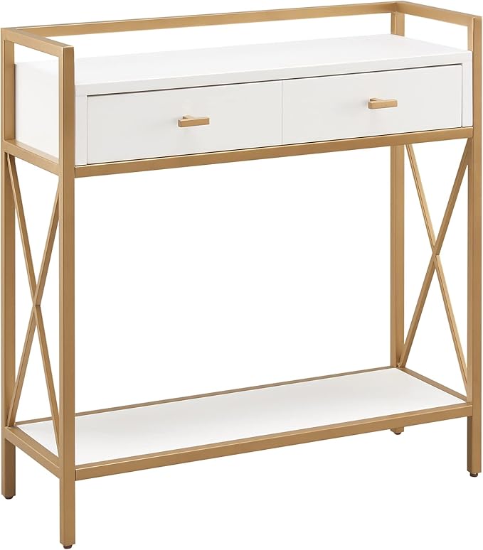 Leick Home 9231-WTGL Claudette Mixed Metal and Wood Hall Stand with Shelf, White/gold - LeafyLoom